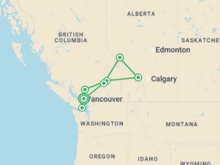 Map itinerary of Canada Tour in Summer with 7 destination visits for the trip: Iconic Rockies and Western Canada