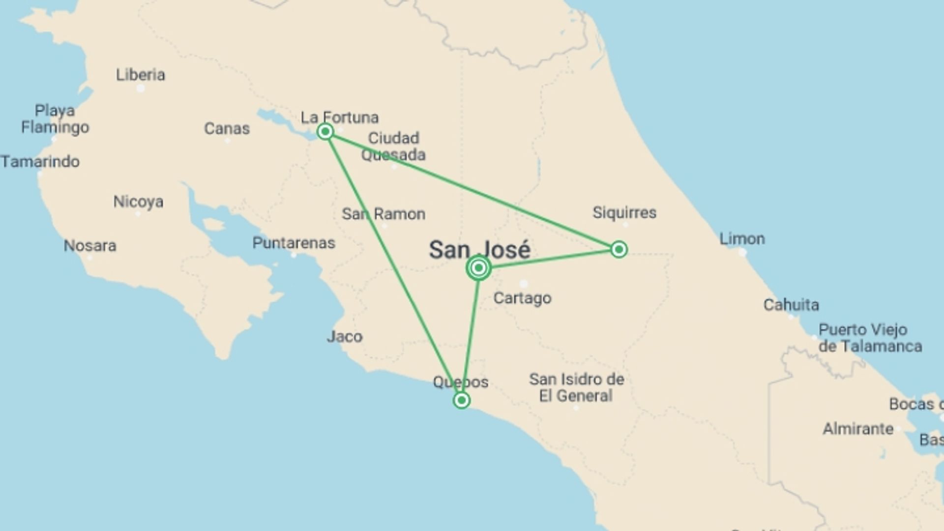 A map showing the tour itinerary for the trip: Romantic Adventure In Costa Rica (on Request), starting in San Jose, Costa Rica and ending in San Jose, Costa Rica going through 3 other destinations.