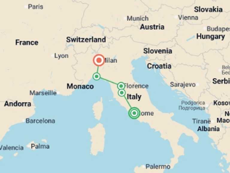 Map itinerary of Mediterranean Tour in March 2027 with 5 destination visits for the trip: The Essential of Italy end Milan
