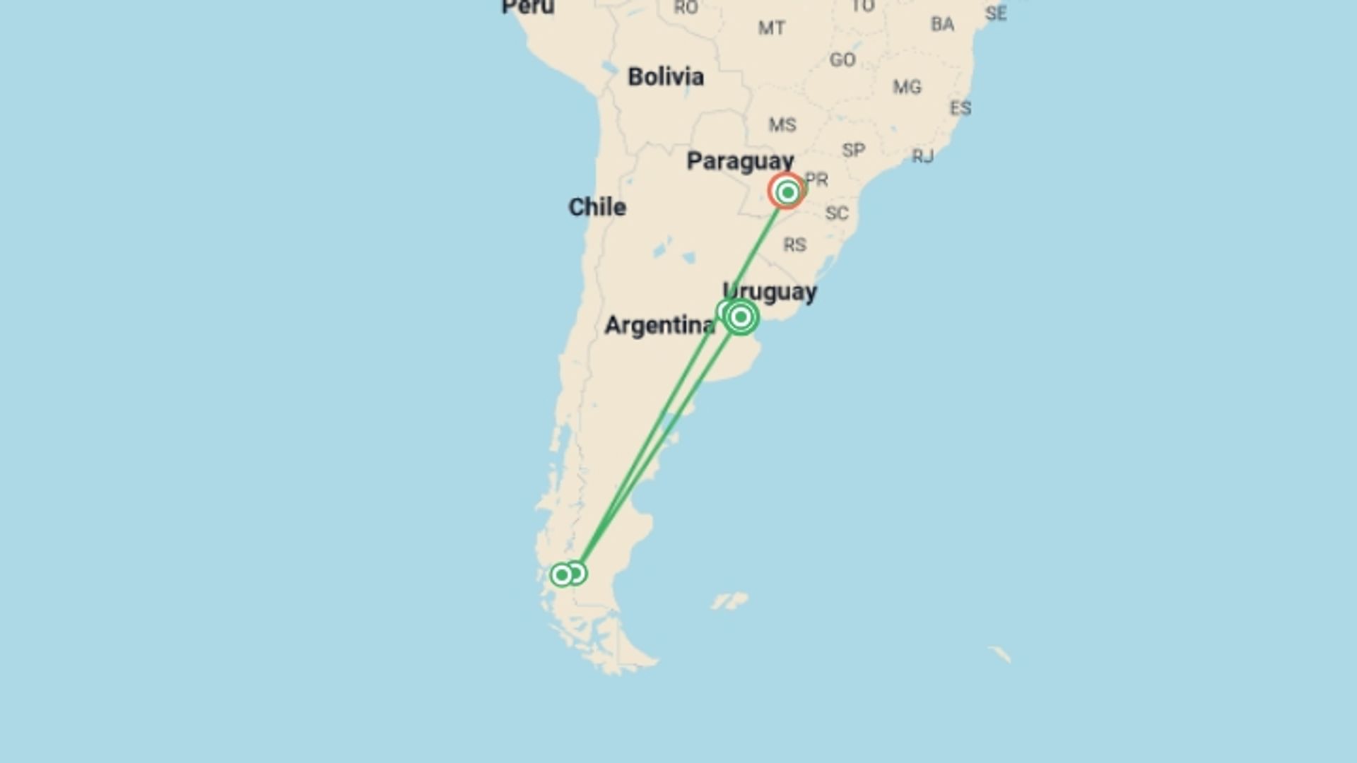 A map showing the tour itinerary for the trip: Argentina Family Experience: 10 Days, starting in Buenos Aires, Argentina and ending in Puerto Iguazu, Argentina going through 5 other destinations.