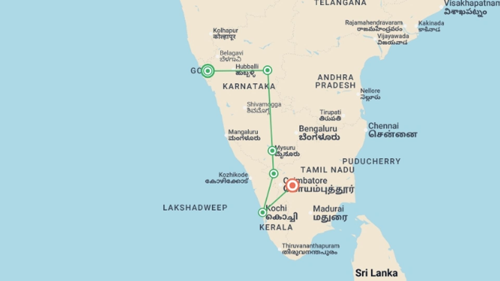 A map showing the tour itinerary for the trip: India: Ancient Ruins & Kerala Beaches, starting in Goa, India and ending in Kerala & Tamil Nadu, India going through 4 other destinations.