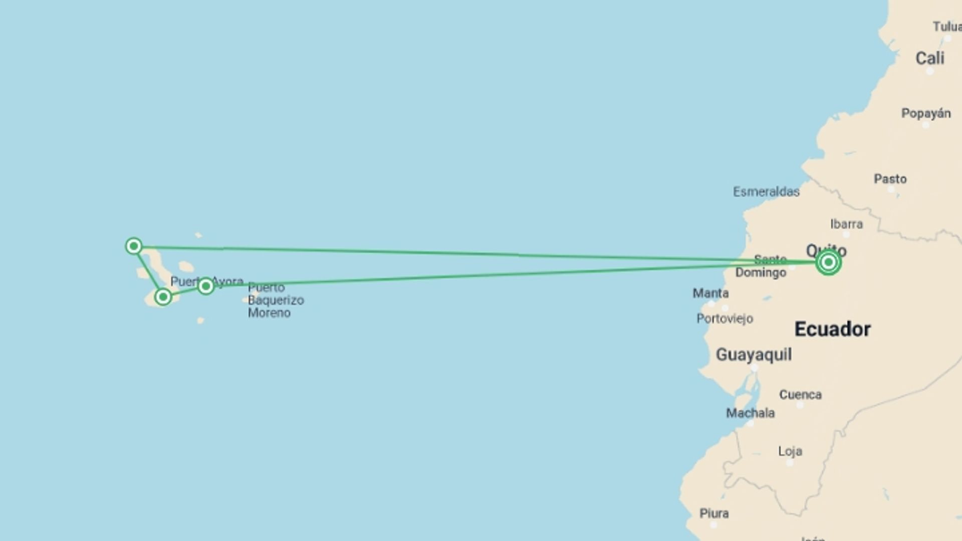 A map showing the tour itinerary for the trip: The Galápagos: Wildlife of Santa Cruz & Isabela Islands, starting in Quito, Ecuador and ending in Quito, Ecuador going through 3 other destinations.
