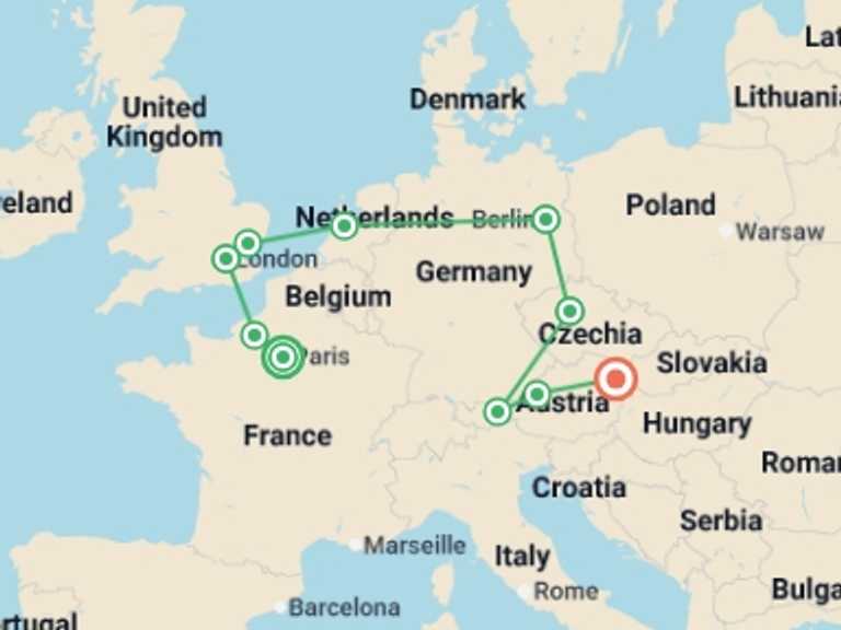 Map itinerary of Europe Tour in June 2026 with 10 destination visits for the trip: Paris and Imperial Capitals GO