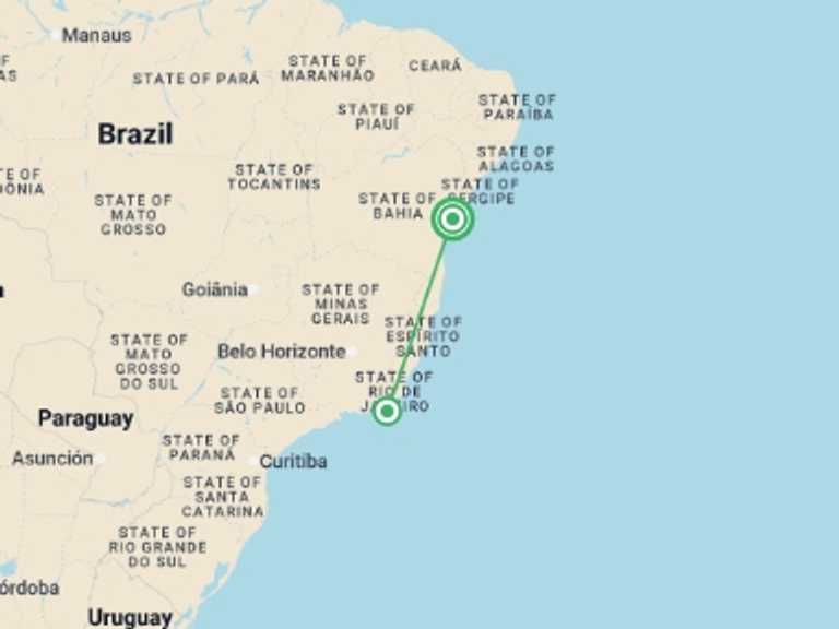 Map of 6-Day South America Tour with 2 destination visits for the trip: Salvador, Bahia & Beach - 6 days