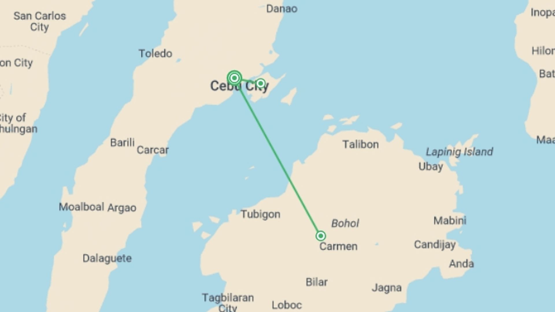A map showing the tour itinerary for the trip: Cebu & Bohol Discovery 5D/4N, starting in Cebu City, Philippines and ending in Cebu City, Philippines going through 1 other destinations.