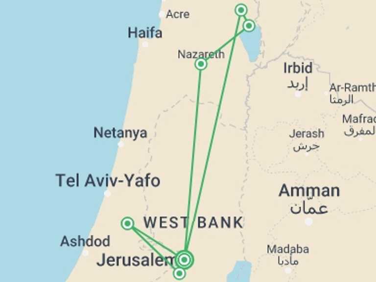 Map of a Spiritual or religious Tour with 2 destination visits for the trip: Christian Israel Tour Package, 4 Days From Tel Aviv
