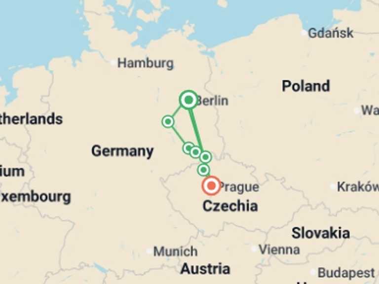 Map of Berlin Cruise Tour with 7 destination visits for the trip: Christmas Markets from Prague to Berlin: A Cultural Journey Filled with Magic (port-to-port cruise)