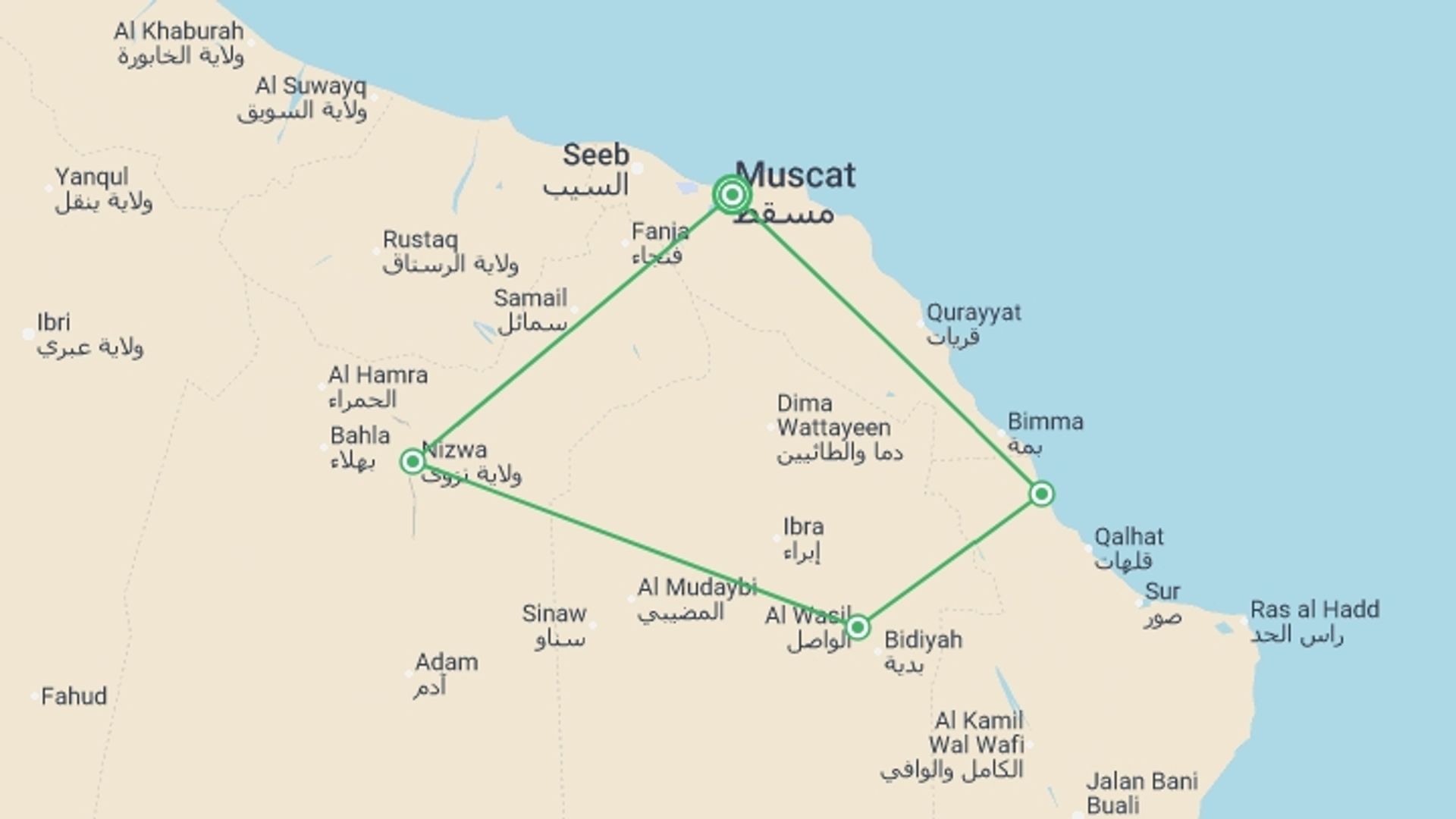 A map showing the tour itinerary for the trip: Premium Oman Discovery Tour, starting in Muscat, Oman and ending in Muscat, Oman going through 3 other destinations.