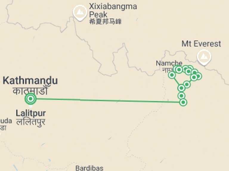 Map itinerary of Nepal Tour in Winter with 12 destination visits for the trip: Everest 3 Passes Circuit Trek without EBC 16 Days 