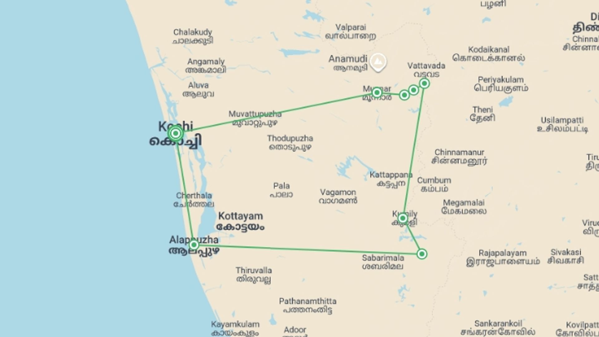 A map showing the tour itinerary for the trip: Walking in Kerala, starting in Kochi, India and ending in Kochi, India going through 7 other destinations.