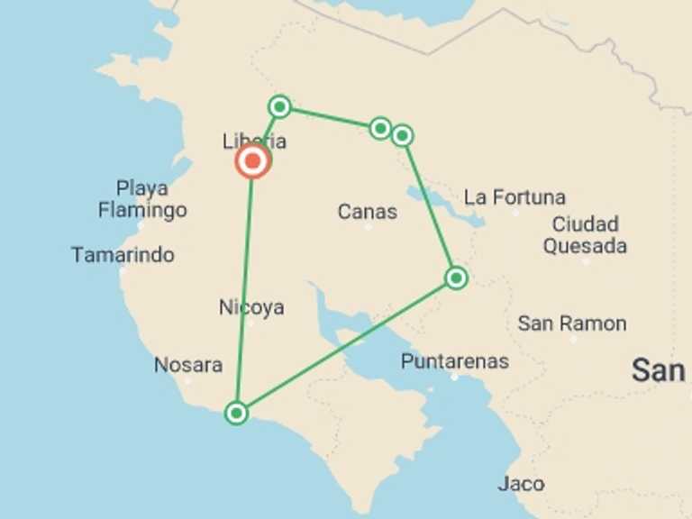 Map itinerary of Costa Rica Tour in September 2027 with 11 destination visits for the trip: Costa Rica Self-Drive Adventure
