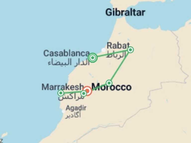 Map itinerary of Mediterranean Tour in March 2027 with 6 destination visits for the trip: Premium Morocco Highlights with Essaouira