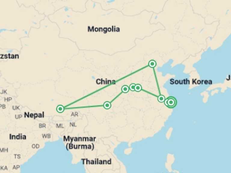 Map itinerary of China Tour in January 2027 with 7 destination visits for the trip: Roads of Tibet and Unforgettable China
