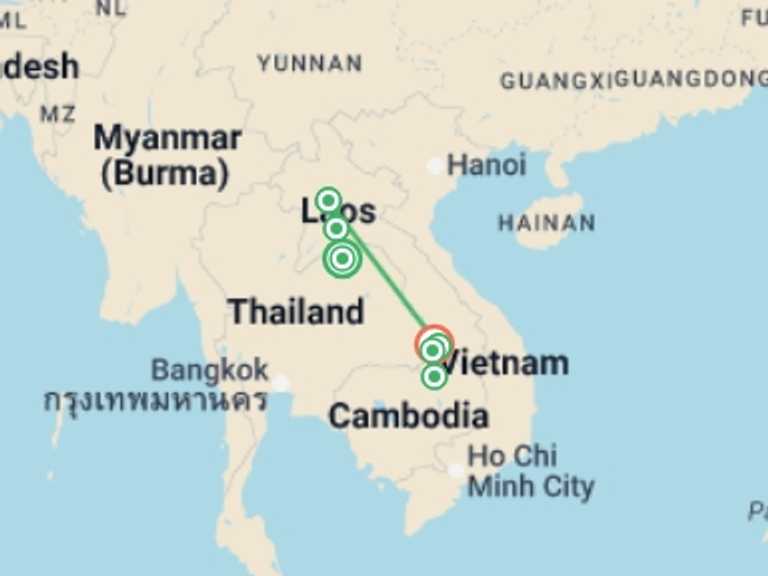 Map of a Explorer Tour with 7 destination visits for the trip: Hiking, Cruising & Exploring in Laos - 12 days