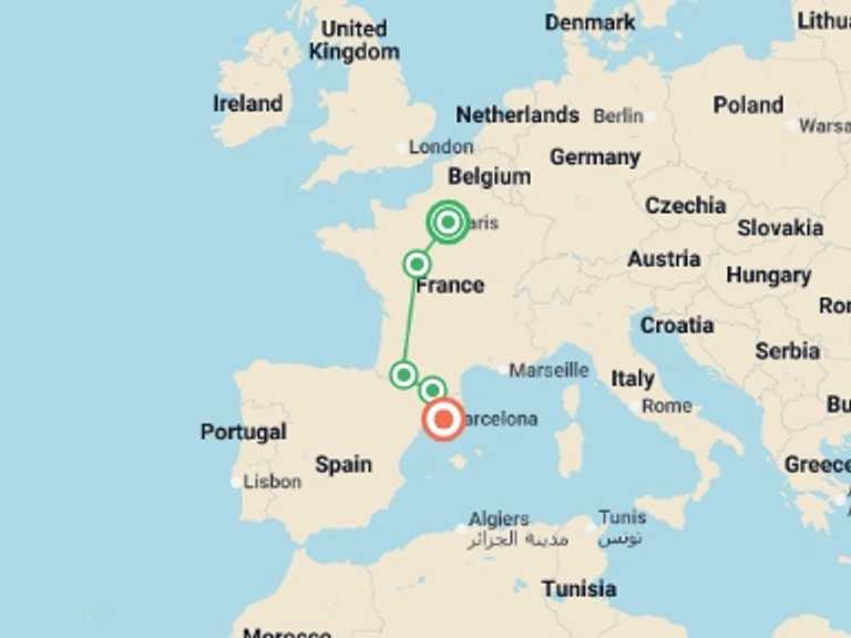 Map itinerary of Europe Tour in March 2027 with 5 destination visits for the trip: Paris, Lourdes and Barcelona