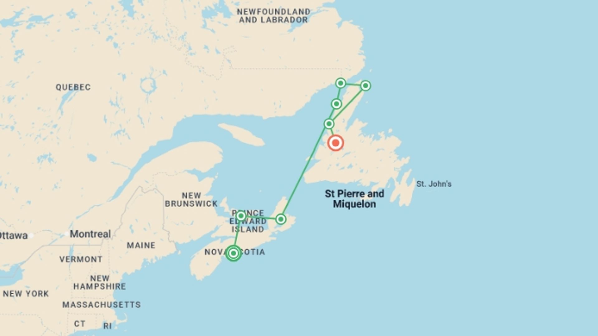 A map showing the tour itinerary for the trip: Nova Scotia, Prince Edward & Newfoundland - 13 days, starting in Halifax, Canada and ending in Deer Lake, Canada going through 6 other destinations.