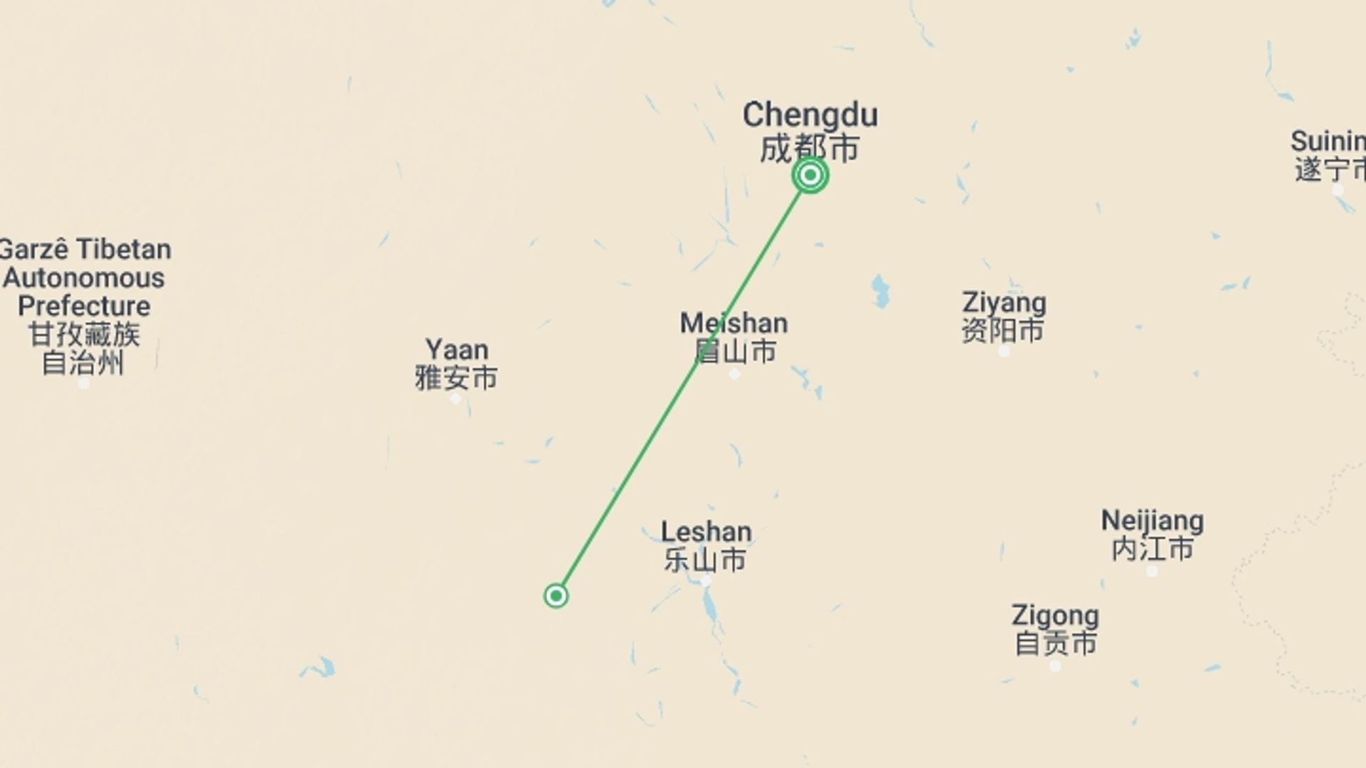 A map showing the tour itinerary for the trip: Chengdu’s Natural Panda Paradise, starting in Chengdu, China and ending in Chengdu, China going through 1 other destinations.