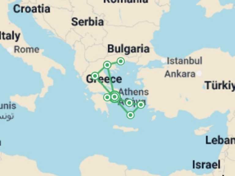 Map of Europe Natural landmarks sightseeing Tour with 6 destination visits for the trip: Greece: In the Footsteps of Paul the Apostle featuring a 3-night Greek Islands & Turkiye cruise