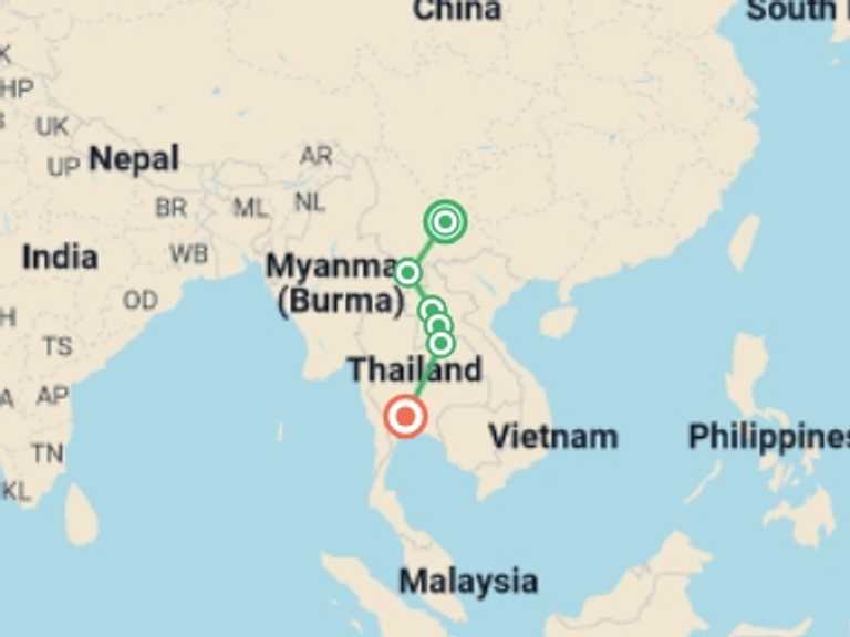 Map of South East Asia Explorer Tour with 6 destination visits for the trip: China & Laos: Kunming to Bangkok by Rail