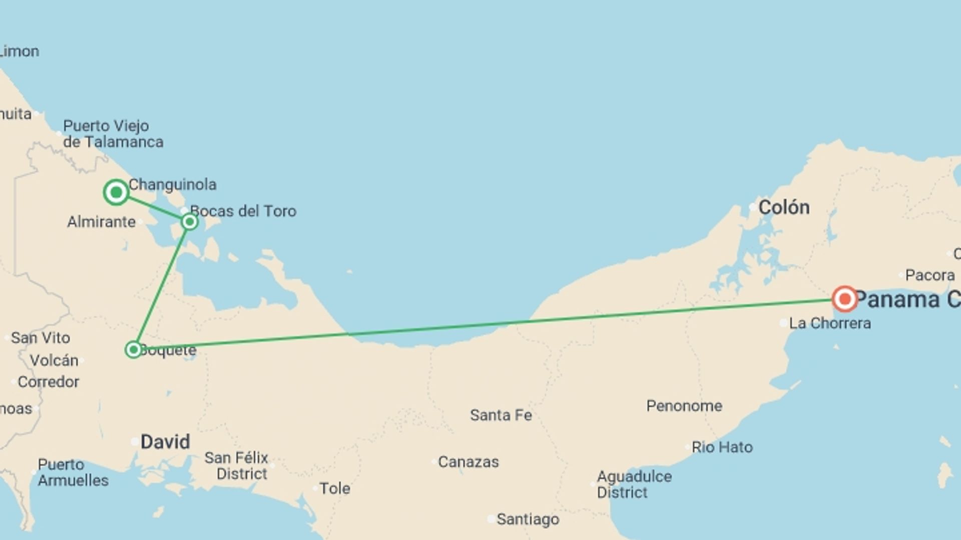 A map showing the tour itinerary for the trip: Panama North to South Adventure 6D/5N, starting in Bocas Del Toro, Panama and ending in Panama City, Panama going through 2 other destinations.