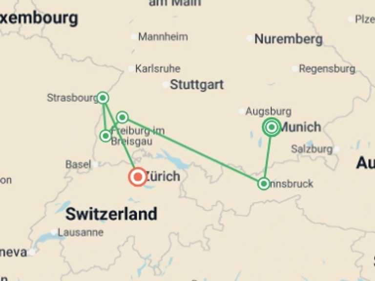 Map of Europe Tour with 6 destination visits for the trip: Alpine Christmas Markets