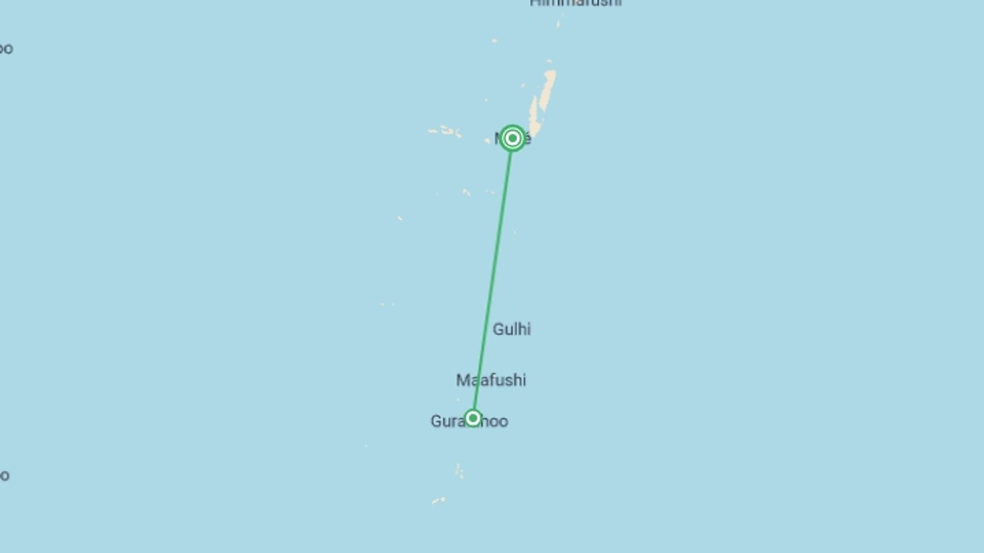 A map showing the tour itinerary for the trip: Maldives Magic, Private Tour, starting in Male, Maldives and ending in Male, Maldives going through 1 other destinations.