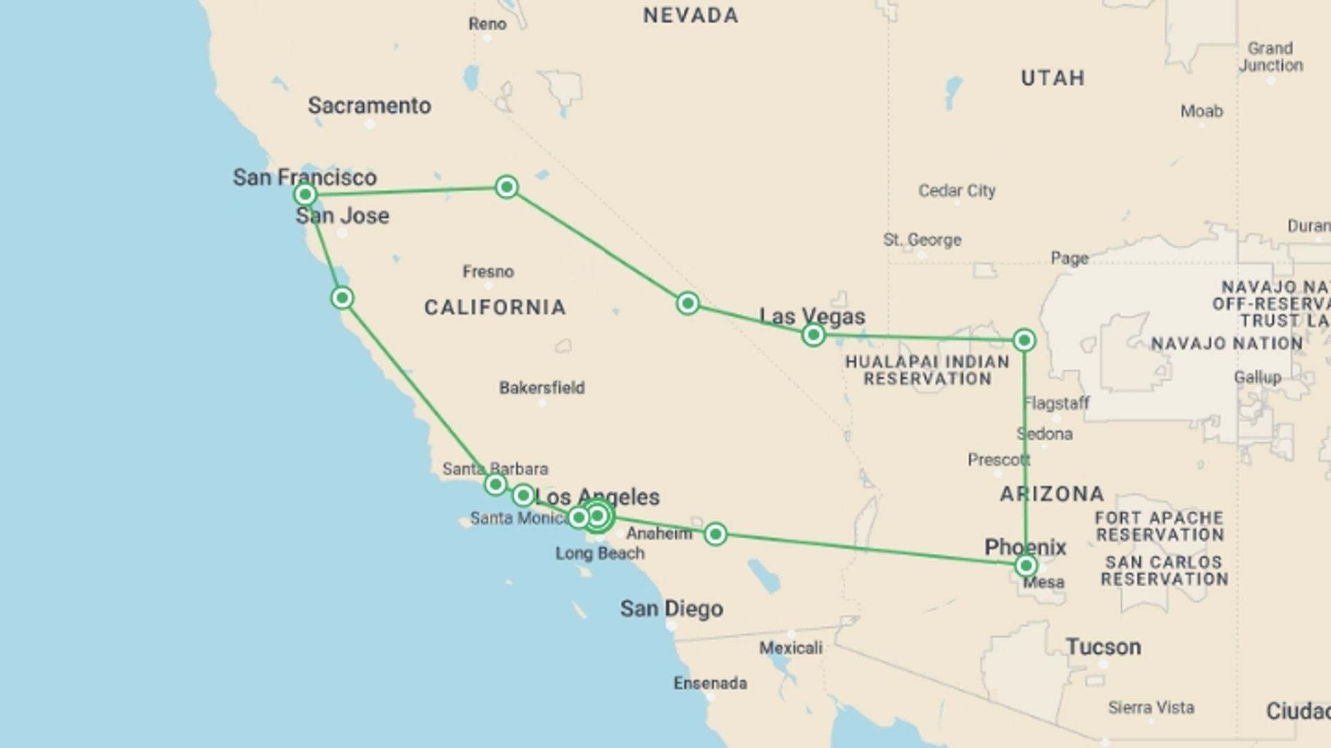 A map showing the tour itinerary for the trip: Best of the American West, starting in Los Angeles, USA and ending in Ventura, Ventura going through 9 other destinations.