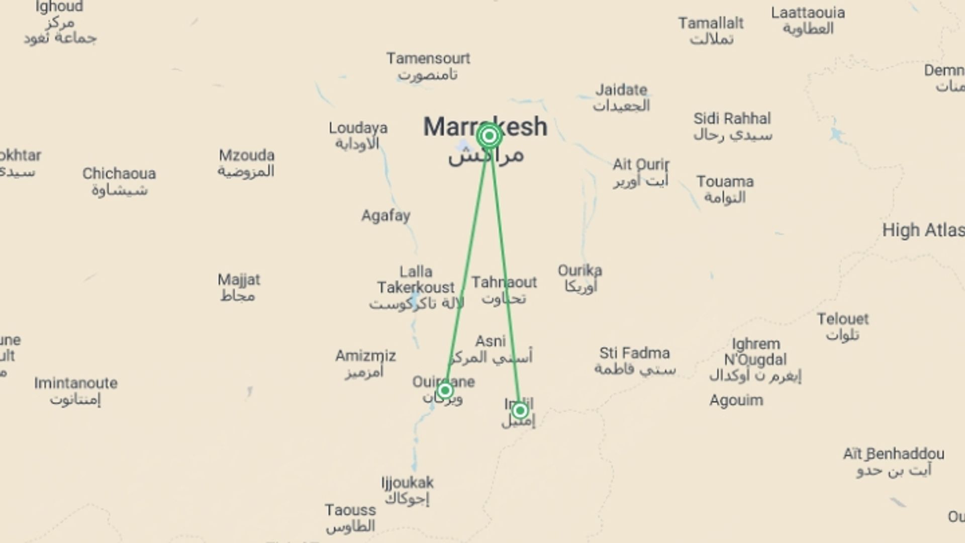 A map showing the tour itinerary for the trip: Marrakech & High Atlas - 4 days, starting in Marrakech, Morocco and ending in Marrakech, Morocco going through 0 other destinations.