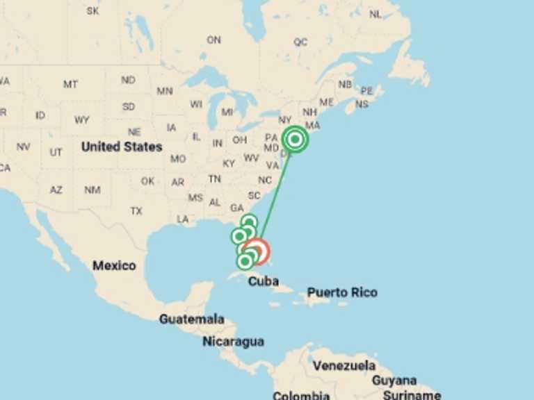 Map of North America Tour with 7 destination visits for the trip: New York to Miami & Orlando - 11 days 