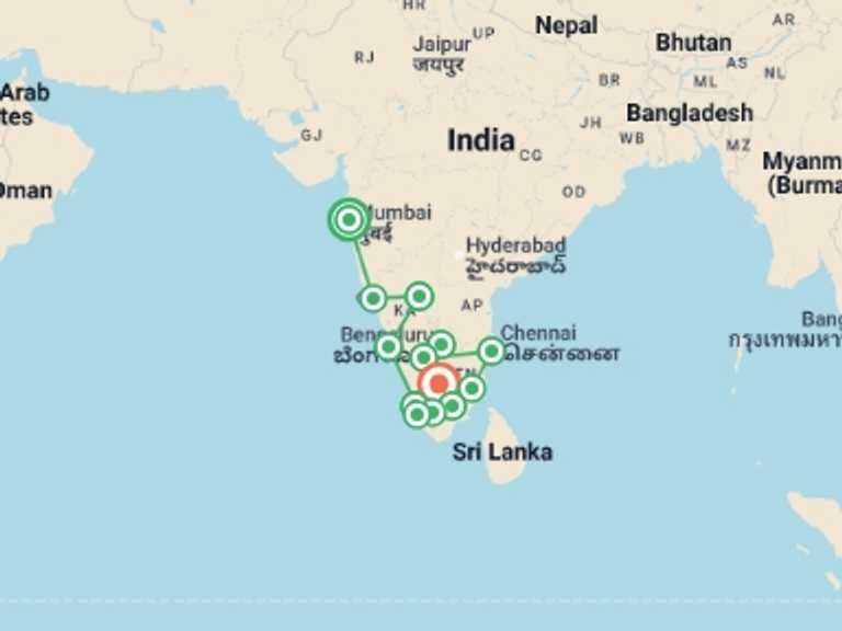Map itinerary of Asia Tour in Winter with 13 destination visits for the trip: Southern India Encompassed