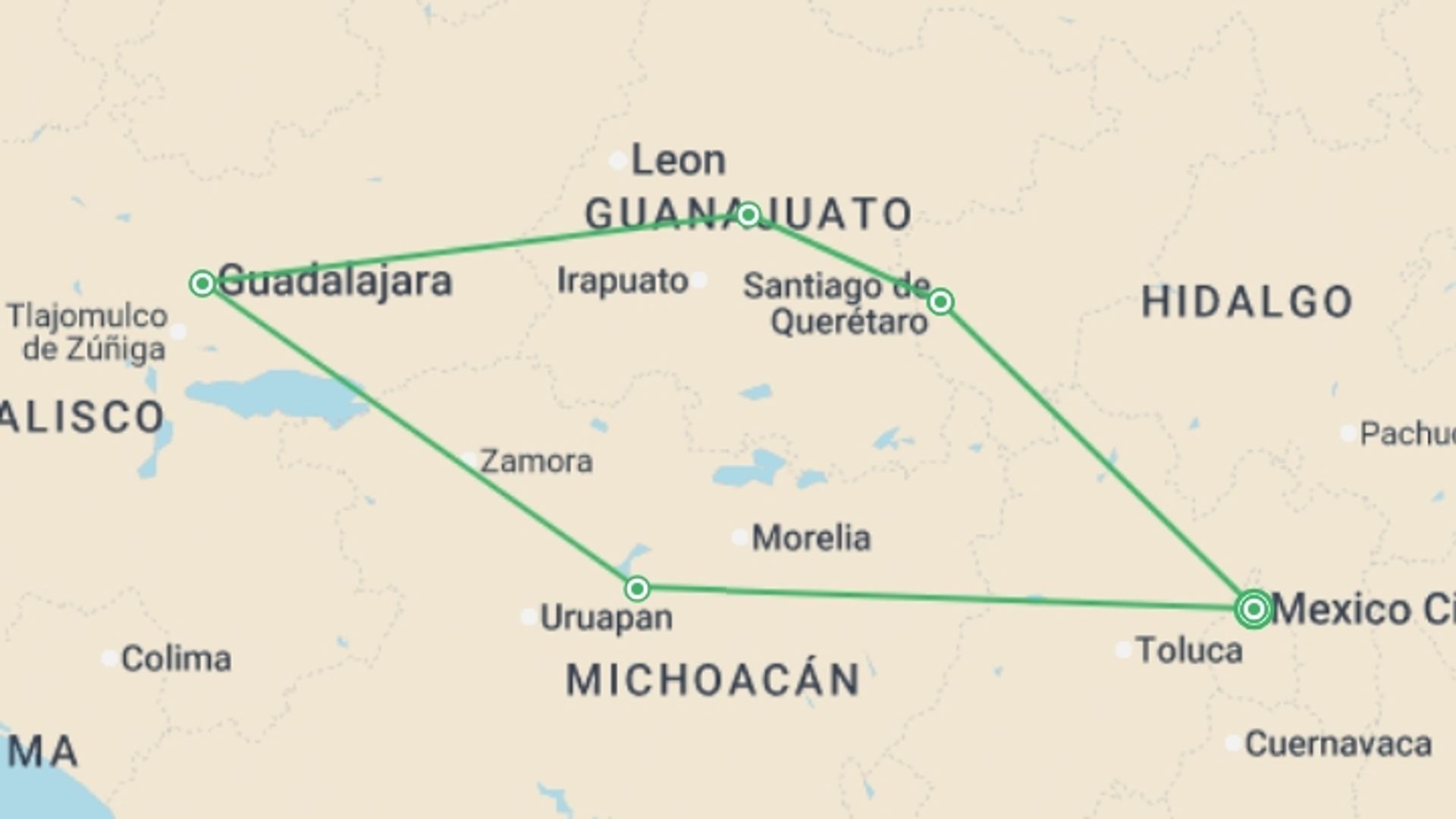 A map showing the tour itinerary for the trip: Corners of Mexico, starting in Mexico City, Mexico and ending in Mexico City, Mexico going through 4 other destinations.
