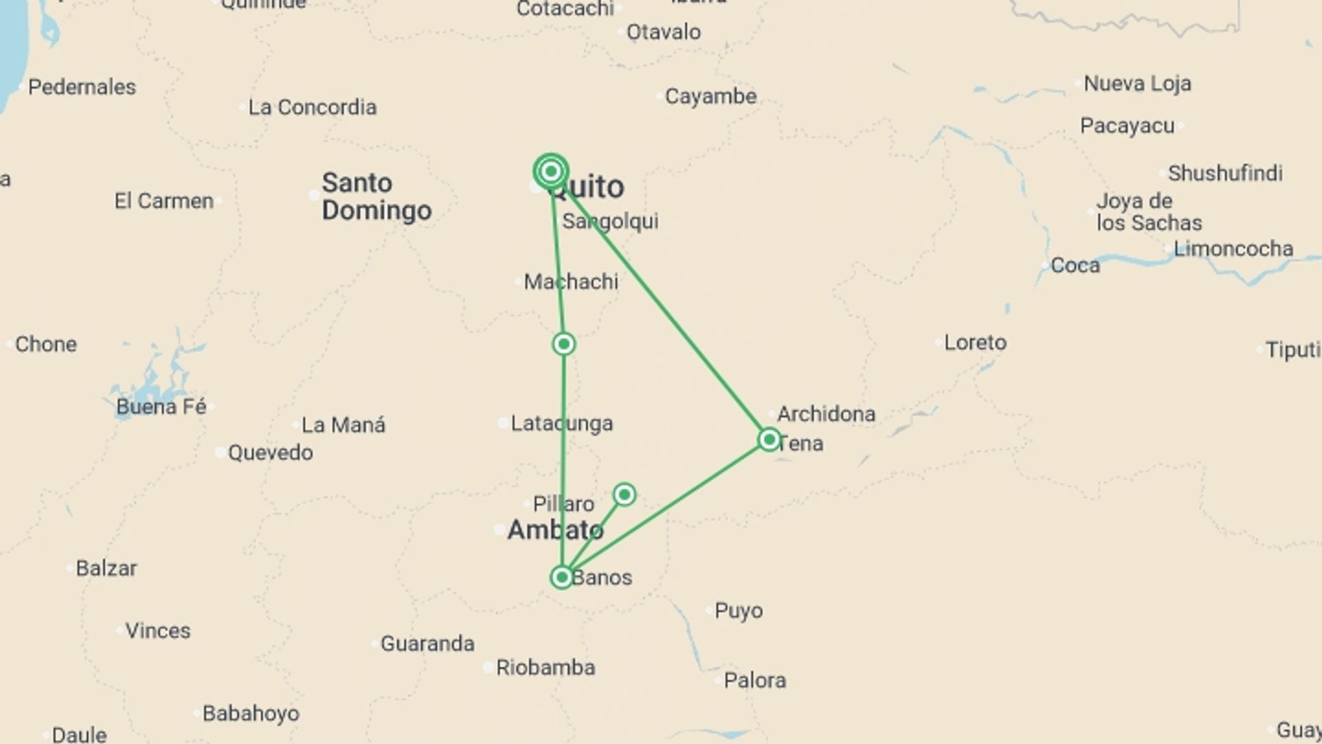 A map showing the tour itinerary for the trip: Ecuador Multisport, starting in Quito, Ecuador and ending in Quito, Ecuador going through 4 other destinations.