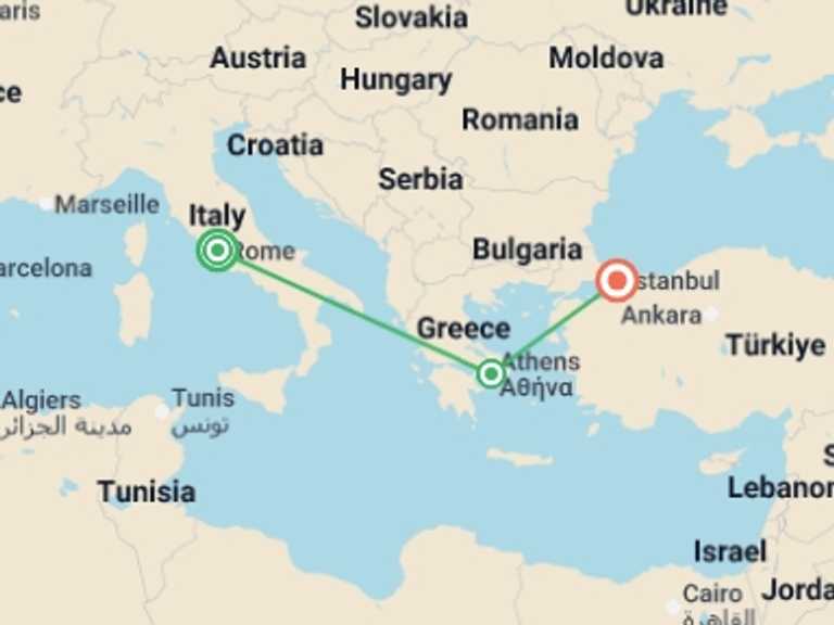 Map itinerary of Balkans Tour in October 2026 with 3 destination visits for the trip: Rome Athens and Istanbul City Package