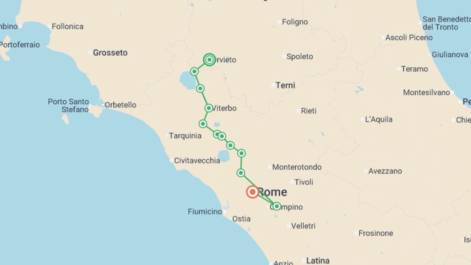A map showing the tour itinerary for the trip: Via Francigena: Orvieto to Rome, starting in Orvieto, Italy and ending in Rome, Italy going through 8 other destinations.