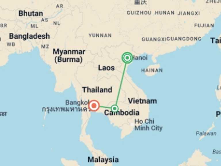 Map of Hanoi Art and architecture Tour with 3 destination visits for the trip: Essential Vietnam Cambodia and Bangkok