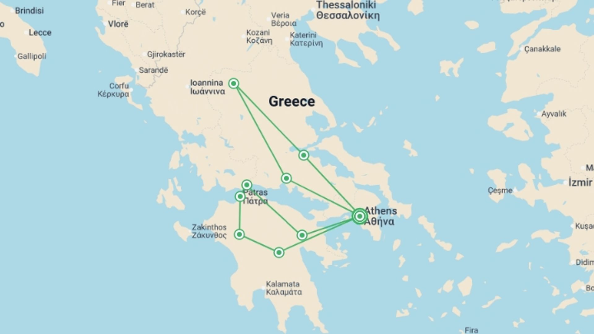 A map showing the tour itinerary for the trip: Unique Greece, starting in Athens, Greece and ending in Athens, Greece going through 2 other destinations.