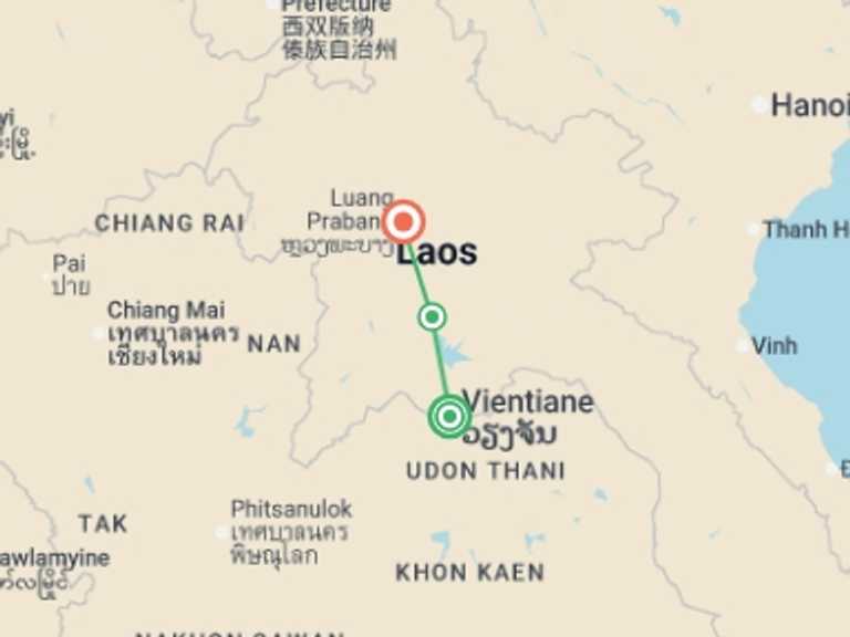 Map itinerary of South East Asia Tour in August 2026 with 3 destination visits for the trip: Highlights of Laos - 7 days