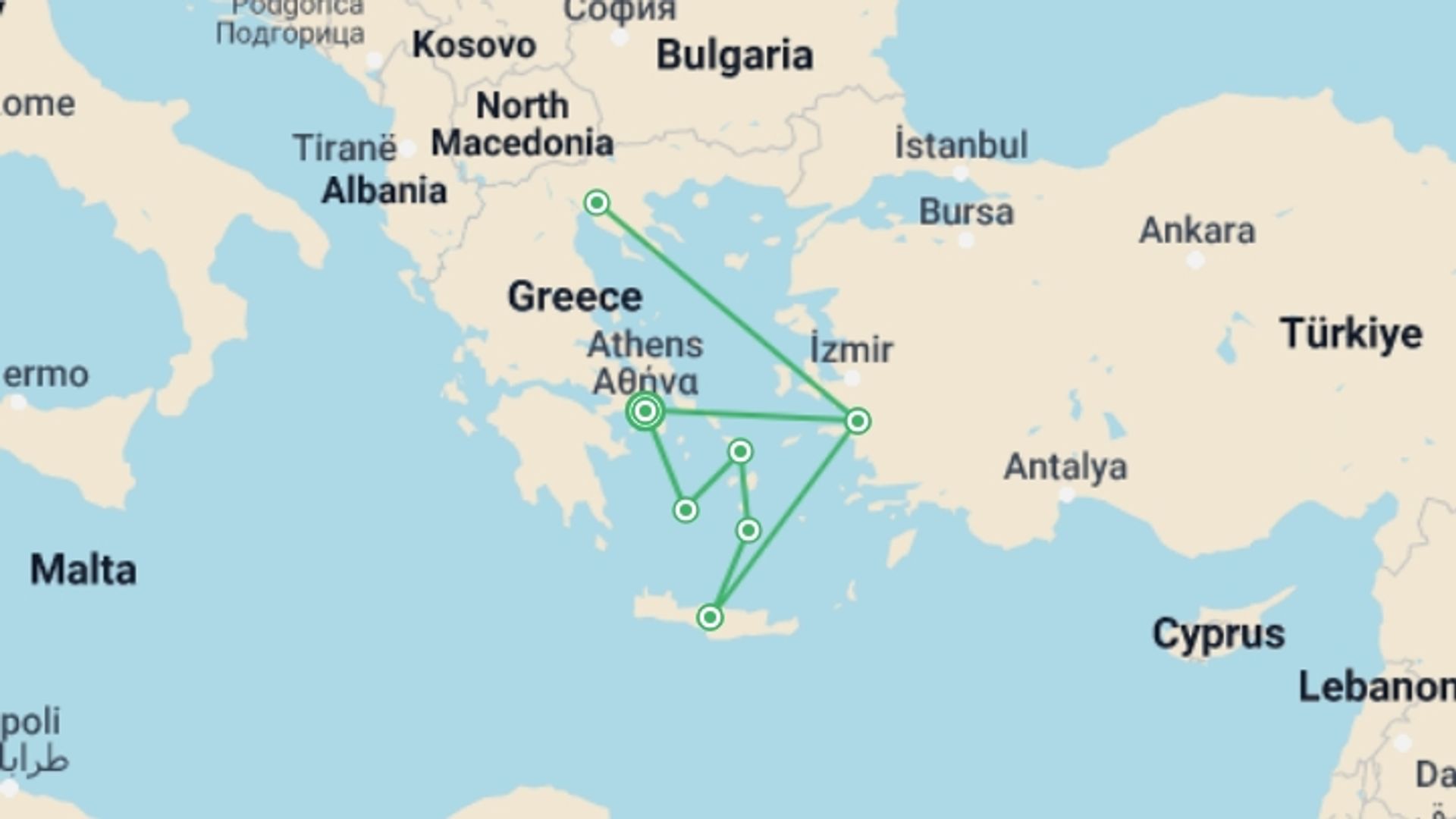 A map showing the tour itinerary for the trip: Athens and 7 Nights Greek Islands Cruise, starting in Athens, Greece and ending in Athens, Greece going through 5 other destinations.