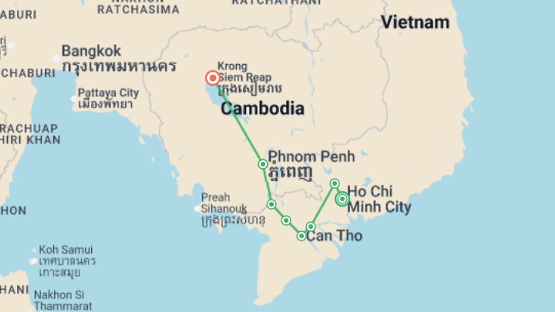 A map showing the tour itinerary for the trip: Vietnam to Cambodia Cycle: Ho Chi Minh to Angkor Wat, starting in Ho Chi Minh City, Vietnam and ending in Siem Reap, Cambodia going through 6 other destinations.