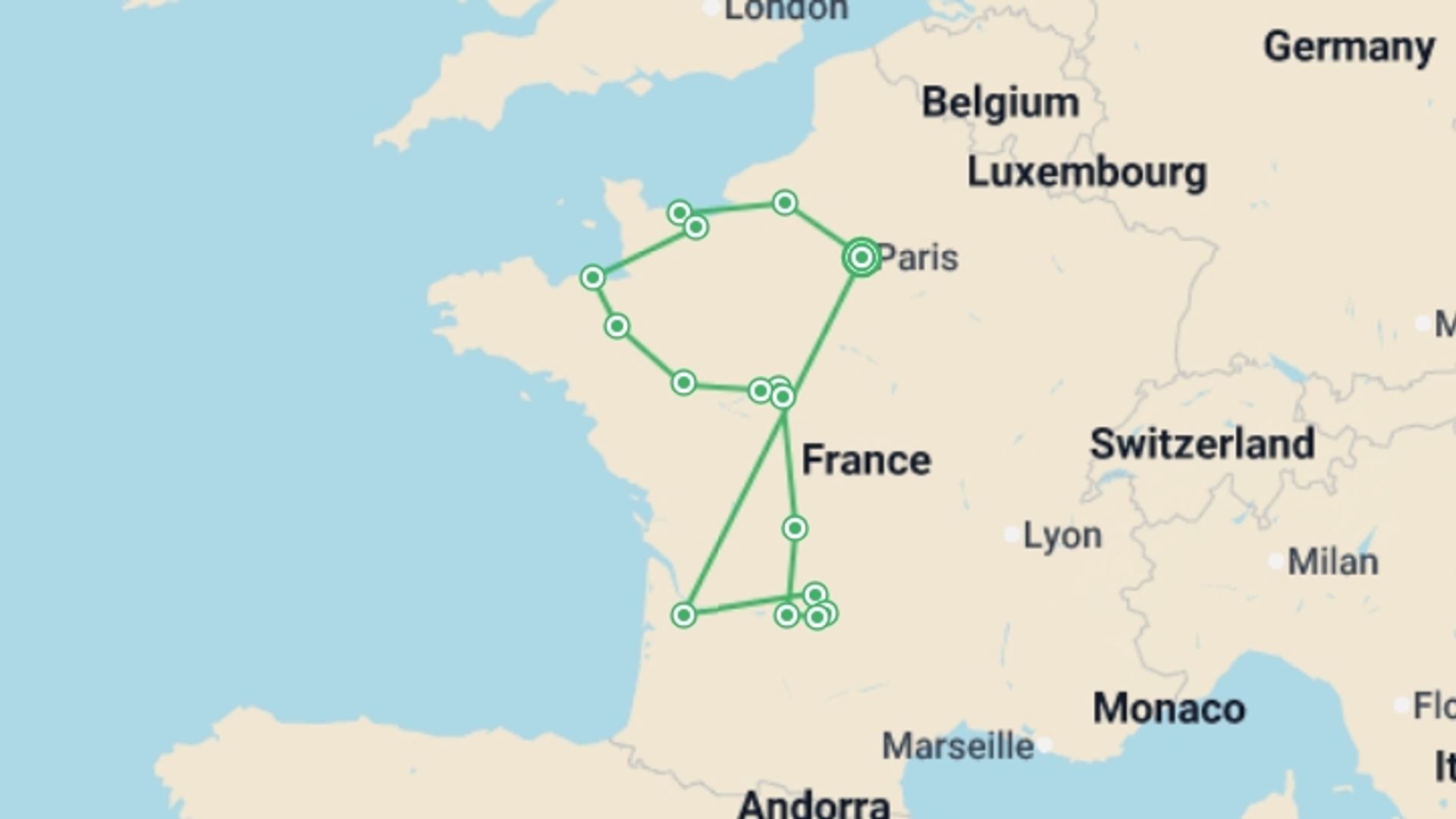 A map showing the tour itinerary for the trip: French Ring, starting in Paris, France and ending in Paris, France going through 6 other destinations.