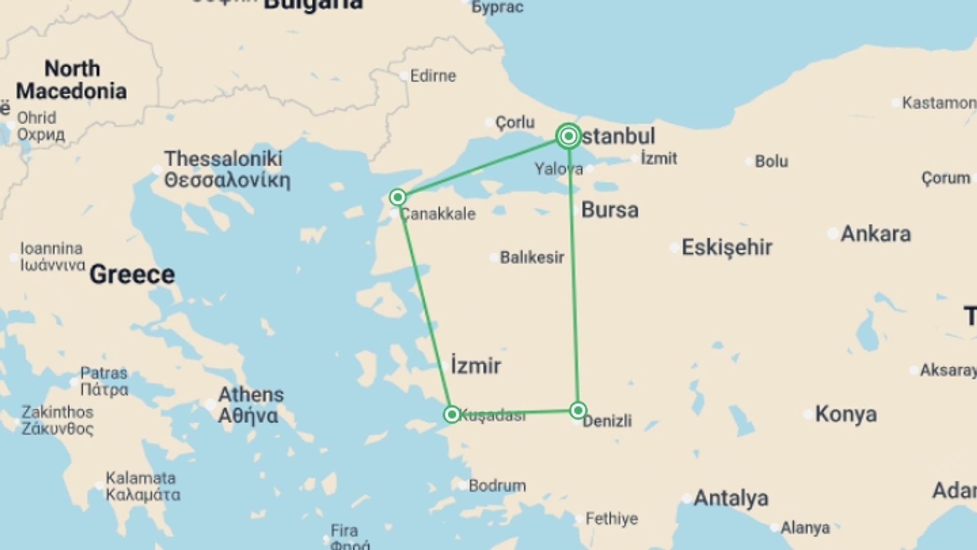 A map showing the tour itinerary for the trip: Private Aegean Trooper Tour, starting in Istanbul, Turkey and ending in Istanbul, Turkey going through 3 other destinations.