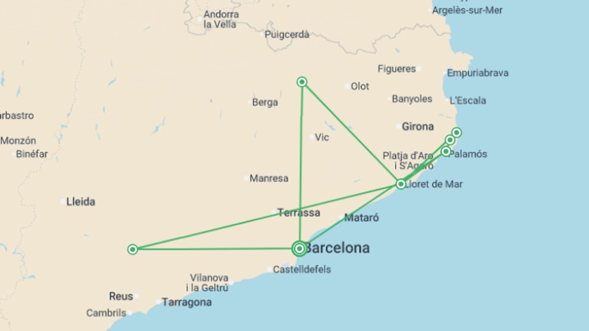 A map showing the tour itinerary for the trip: Best Of Catalonia, Self-drive, starting in Barcelona, Spain and ending in Barcelona, Spain going through 2 other destinations.