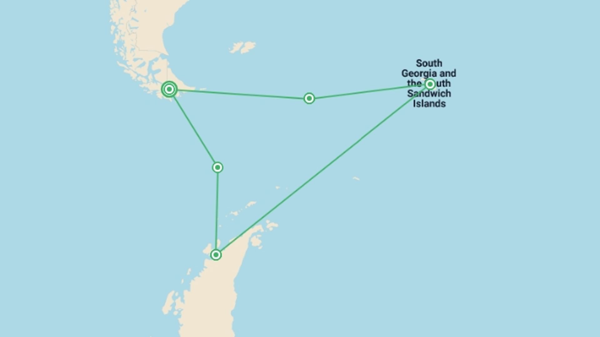A map showing the tour itinerary for the trip: Falklands, South Georgia and Antarctica - M/V Sylvia Earle, starting in Ushuaia, Argentina and ending in Ushuaia, Argentina going through 4 other destinations.