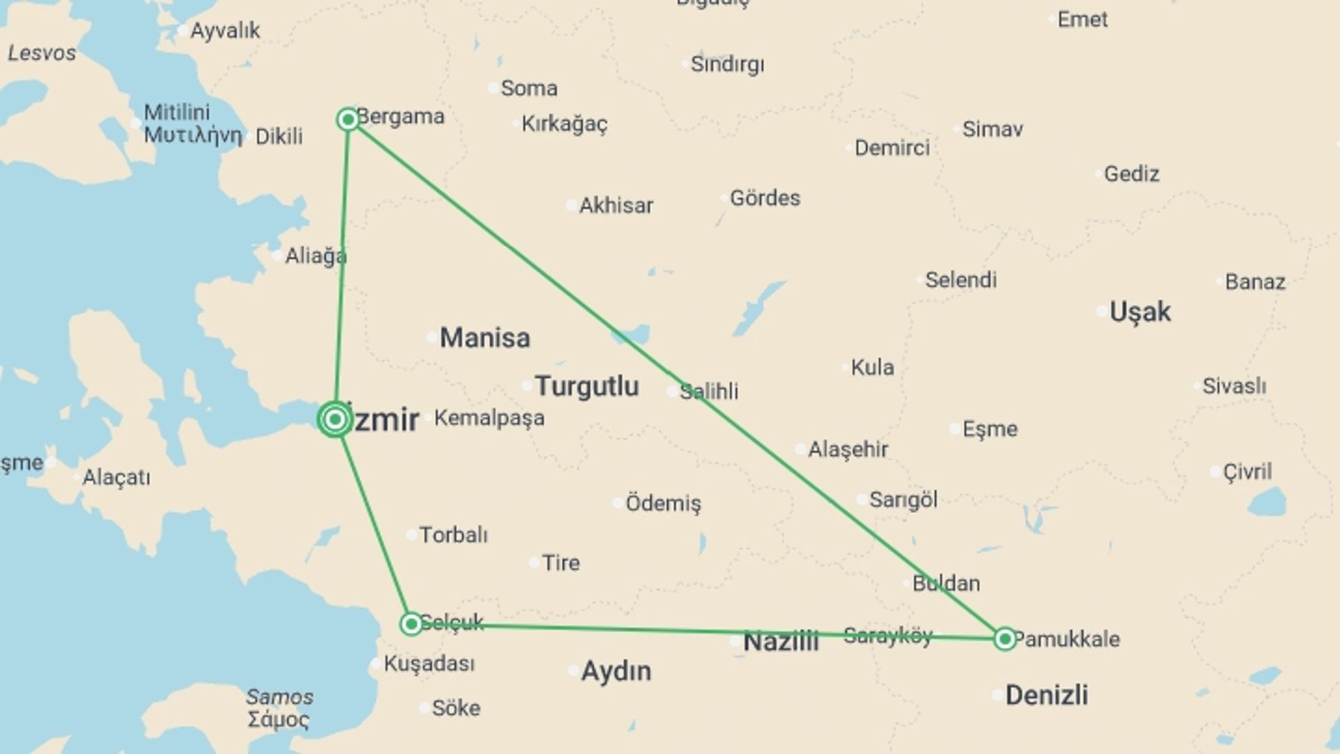 A map showing the tour itinerary for the trip: 5 Days - Seven Churches Of Revelation - Private / Mini Group Tour, starting in Izmir, Turkey and ending in Izmir, Turkey going through 4 other destinations.