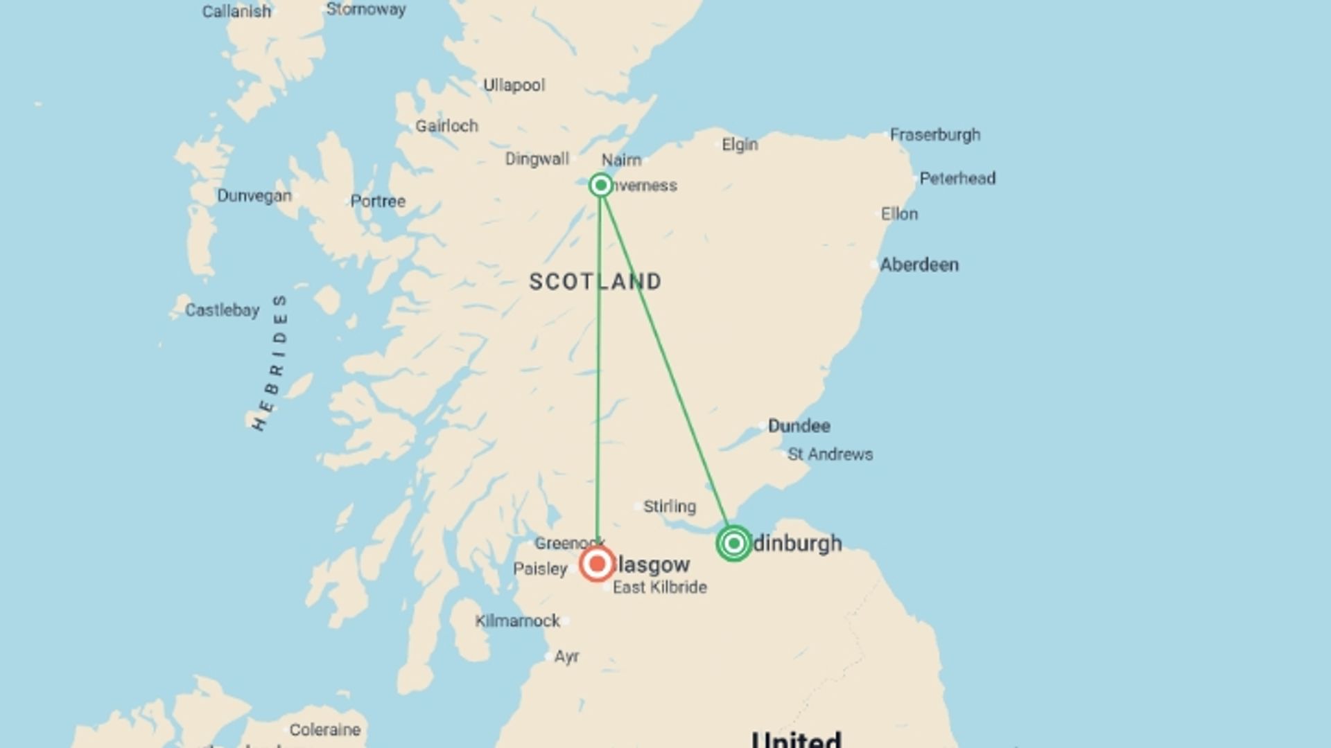 A map showing the tour itinerary for the trip: Scotland in a Week, starting in Edinburgh, Scotland and ending in Glasgow, Scotland going through 1 other destinations.