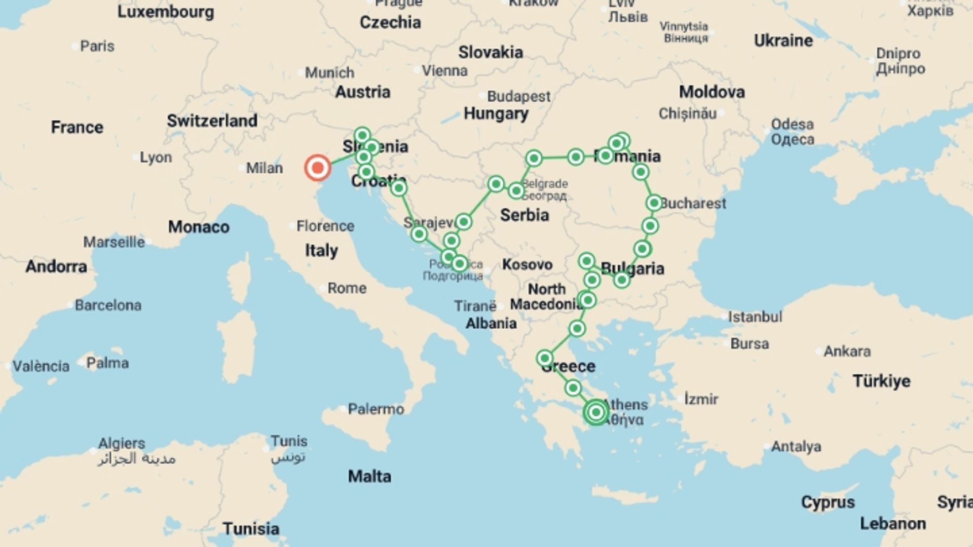 A map showing the tour itinerary for the trip: Balkan Extravaganza, starting in Athens, Greece and ending in Venice, Italy going through 14 other destinations.
