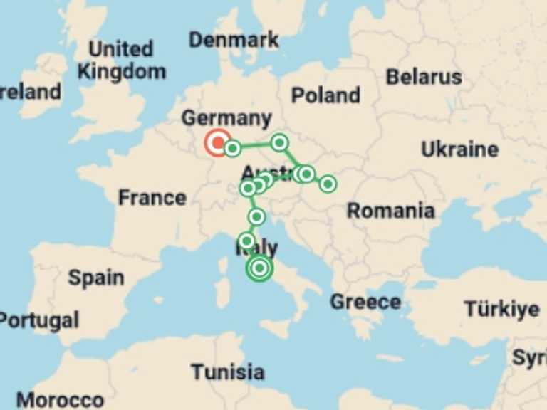 Map of 12-Day Vienna Tour with 9 destination visits for the trip: Wonders of Italy, Vienna, Budapest and Prague