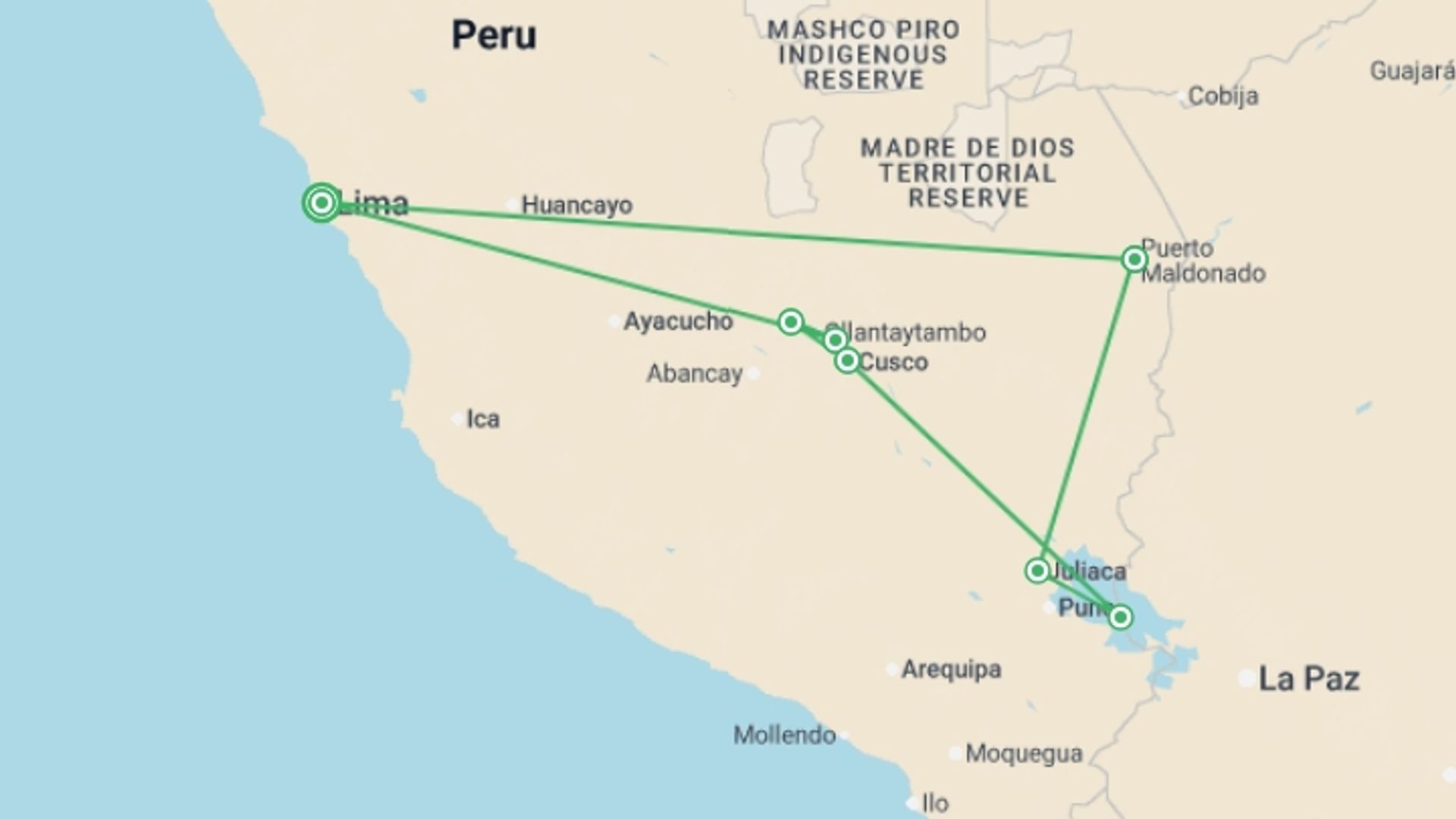 A map showing the tour itinerary for the trip: In the Footsteps of the Incas, starting in Lima, Peru and ending in Lima, Peru going through 6 other destinations.