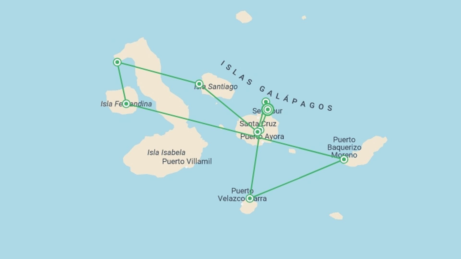 A map showing the tour itinerary for the trip: Galápagos – West and Central Islands aboard the Reina Silvia Voyager (Cruise Only), starting in Baltra Island, Ecuador and ending in Baltra Island, Ecuador going through 8 other destinations.