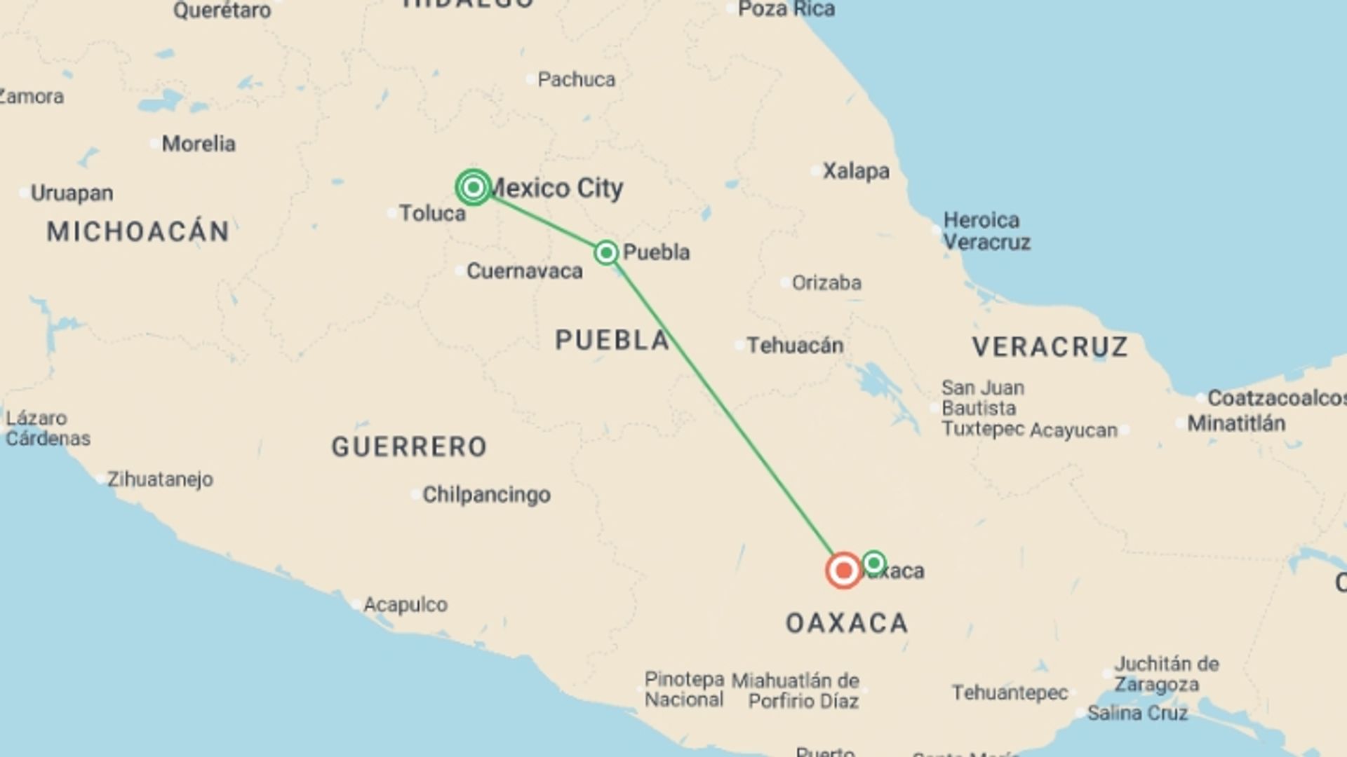 A map showing the tour itinerary for the trip: Mexico City to Oaxaca with Zapotec Village Hiking, starting in Mexico City, Mexico and ending in Oaxaca, Mexico going through 2 other destinations.